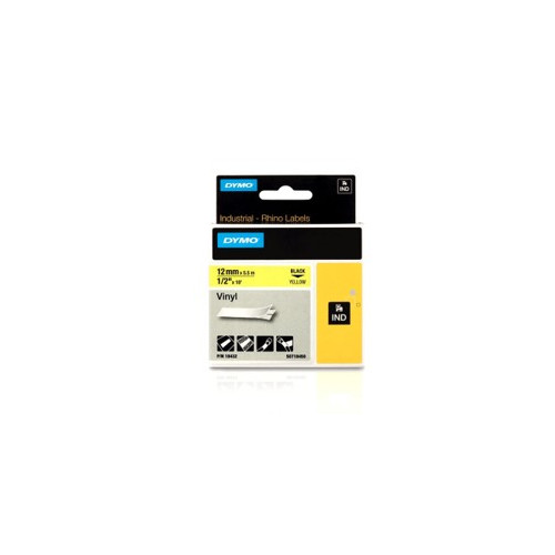 DYMO | Dymo RHINO 18432 12mm x 5.5m Black on Yellow Vinyl Label Tape