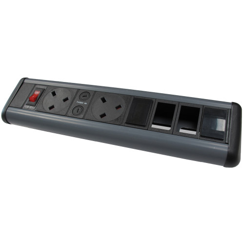 CMW Ltd Desk Cable Management | Desktop Unit- 2 x UK Socket Power-2 x LJ6C Empty Data Black/Grey