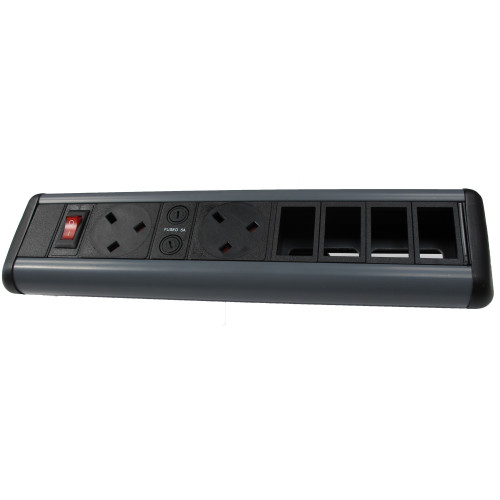 CMW Ltd Desk Cable Management | Desktop Unit- 2 x UK Socket Power-4 x LJ6C Empty Data Black/Grey