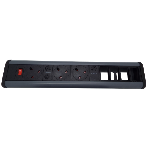 CMW Ltd Desk Cable Management | Desktop Unit- 3 x 13A UK Power-4 x LJ6C Empty Data Black/Grey