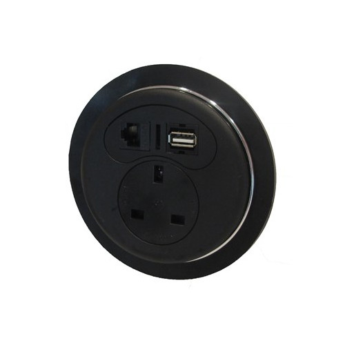 CMW Ltd Desk Cable Management | Black Desktop Porthole 1 x Power, 1 x Data, 1 x USB