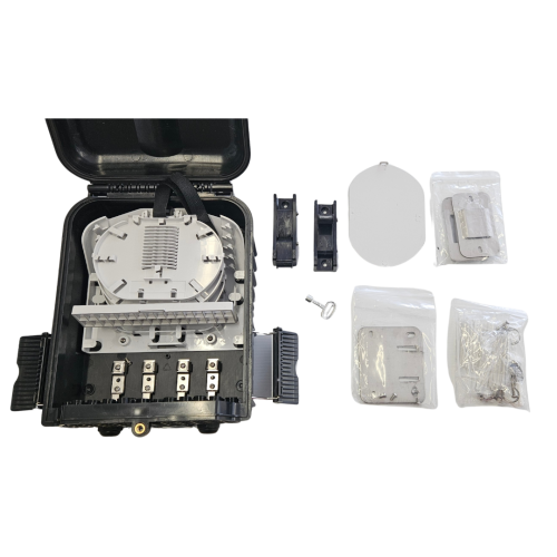 Fibre Optic Pole/Wall Enclosure IP-65 rated with 32 x (3~5mm) OD Customer drop cable external ports and 2 x 6~10mm OD Main feeder cable entry ports