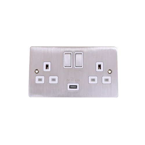 Double Gang Twin 13amp Switched Socket with 1 x USB Charger 2.1amp Stainless Steel