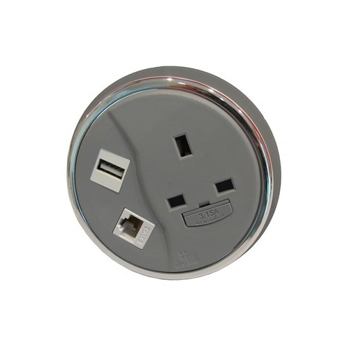 CMW Ltd Desk Cable Management | Grey Desktop Porthole 1 x Power, 1 x Data, 1 x USB