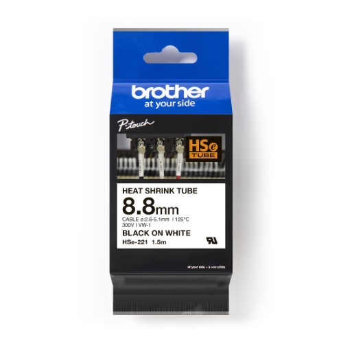 Brother Pro Tape HSe-221 Heat shrink tube - Black on White, 8.8mm