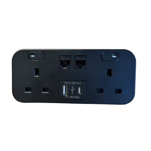 Black Icon 2 Power, Dual A & C USB, 2 x Cat 6 Couplers