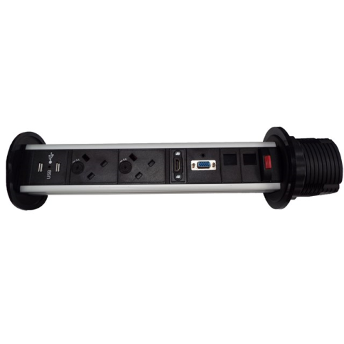  | CR Pull Up Power Units Vertical, 2 x UK Power, 2 x Cat6 Data, 1 x SVGA, 1 x HDMI, 1 x 3.5mm Stereo Audio Black/Silver