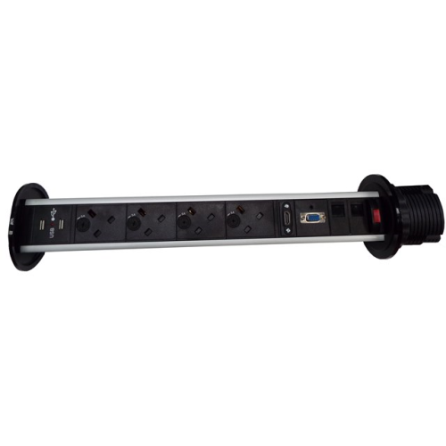  | CR Pull Up Power Units Vertical, 4 x 13A UK Power,2 x Cat6 Data, 1 x SVGA, 1 x HDMI, 1 x 3.5mm Stereo Audio, Black/Silver