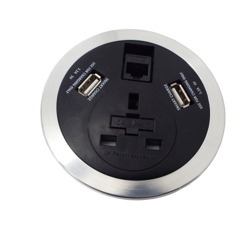 CMW Ltd | ALGAR In Desk Module 1 x 13A UK Power - 2x USB Socket - 1 x Cat6 Data Module 80mm Cut Out 3m Assembly Grey 