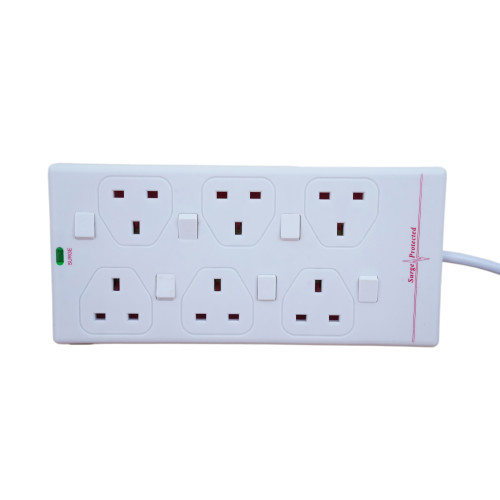 6 Way UK 13amp Individually Switched Surge Protected Power Extension 3m Lead White