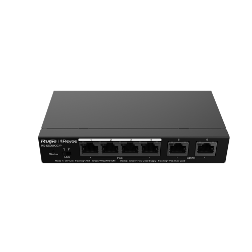 Ruijie Reyee RG-ES206GC-P 6-Port Gigabit Smart POE Switch, 4 PoE/POE+ Ports with 2 Gigabit RJ45 uplink ports, Desktop Steel Case