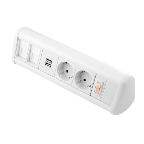 CMW Ltd | CR Power Pack Desk Top Units - 2 x Schuko Power Sockets , 1 x Dual 3.4A USB, 2 x Cat6 Couplers & Master Switch
