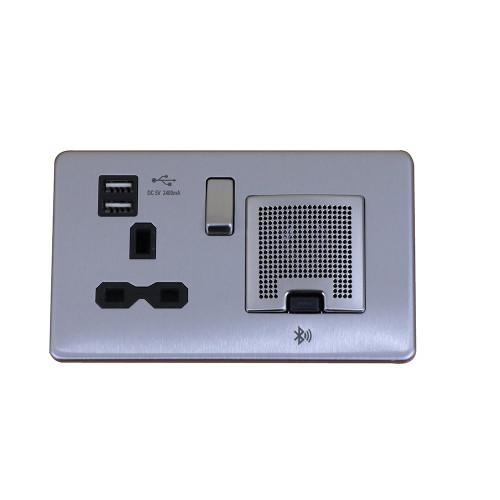 Double Gang 1 x 13amp Switched Socket with 2 x USB & Bluetooth Speaker Chrome/Black