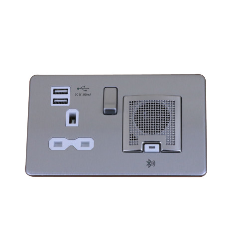Double Gang 1 x 13amp Switched Socket with 2 x USB & Bluetooth Speaker Chrome/White