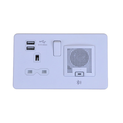Double Gang 1 x 13amp Switched Socket with 2 x USB & Bluetooth Speaker White