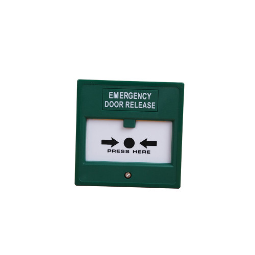 Green resettable surface mount double pole break glass with yellow drop down activation indicator flag