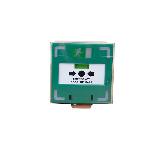 Green resettable surface mount triple pole break glass with sounder, LED and protective lift up cover