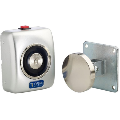 24Vdc surface wall mounted door retaining magnet with manual release button. silver coloured finish 