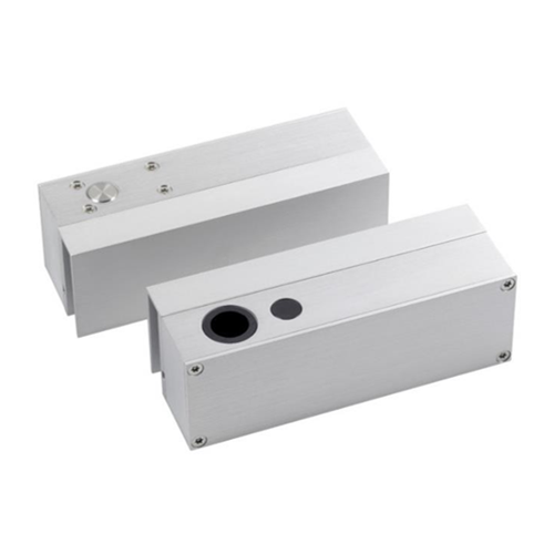 12Vdc monitored surface mount solenoid bolt for use on frameless glass doors and headers. Fail safe. Variable relock time. 