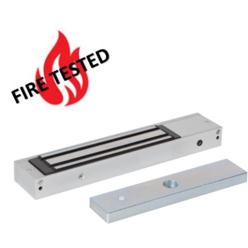 Slim, compact design fire rated unmonitored maglock. 12/24Vdc. 275kg/600lb holding force. Silver anodised aluminium finish