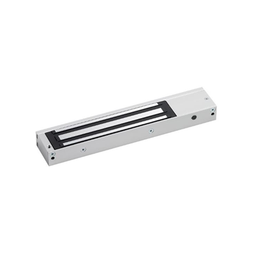 Slim, compact design door status monitored maglock. 12/24Vdc. 275kg/600lb holding force. Silver anodised aluminium finish