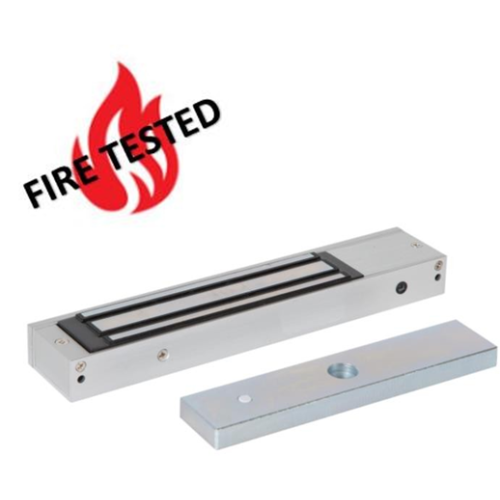 Slim, compact design fire rated lock monitored maglock. 12/24Vdc. 275kg/600lb holding force. Silver anodised aluminium finish