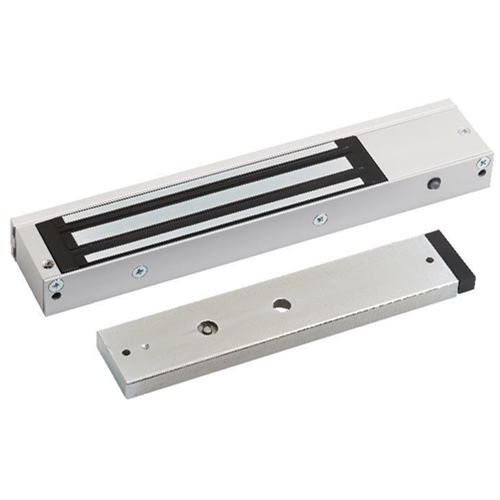 Slim, compact design fire rated lock and door status monitored maglock. 12/24Vdc. 275kg/600lb holding force. Silver anodised aluminium finish