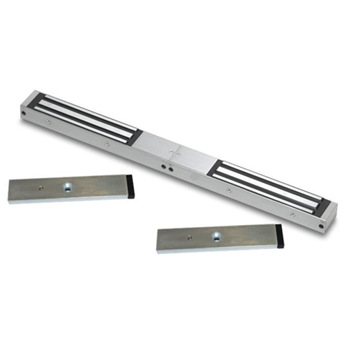 Double slim, compact design lock and door status monitored maglock. 12/24Vdc. 545kg/1200lb total holding force. Silver anodised aluminium finish