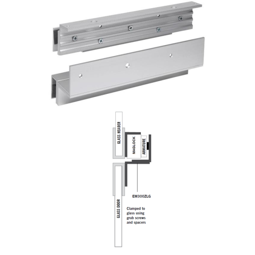 Glass door Z & L bracket for slim maglock. Fully adjustable. Integrated glass door saddle. Shims included