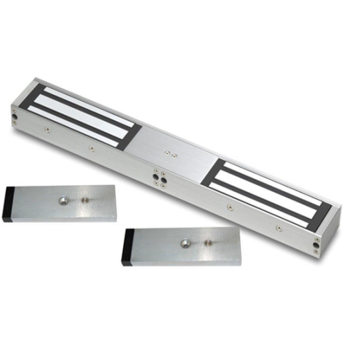 Double standard door status monitored maglock. 12/24Vdc. 545kg/1200lb total holding force. Silver anodised aluminium finish