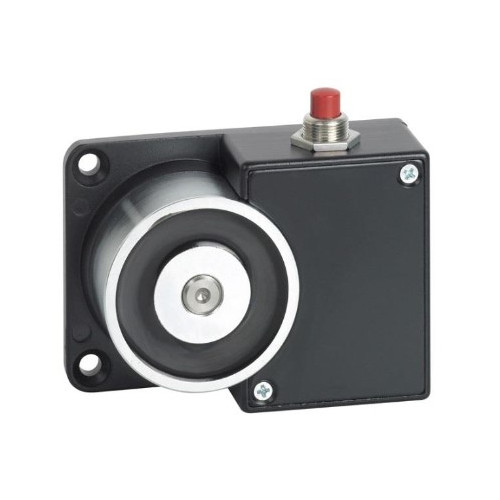 12Vdc surface wall mount door retaining magnet with manual release button. Black powder coated finish