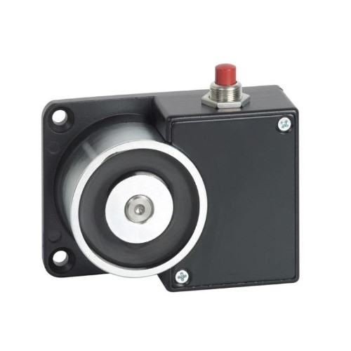 24Vdc surface wall mount door retaining magnet with manual release button. Black powder coated finish