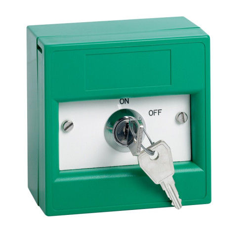 Double pole key switch break glass unit. Supplied with 2 keys. Maintained action. Surface or flush mount.