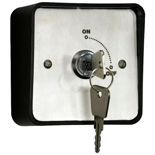 Weatherproof IP54 rated surface or flush mount key switch with 2 keys. Momentary action