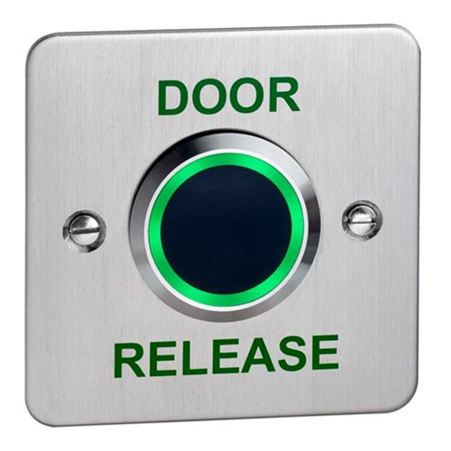 Flush mount no touch infrared single gang exit button with adjustable proximity range and LED button halo. Stainless steel faceplate. Printed DOOR RELEASE