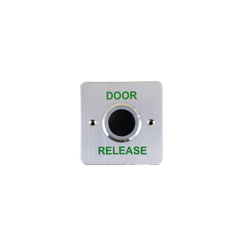Surface mount no touch infrared single gang exit button with adjustable proximity range and LED button halo. Stainless steel faceplate and surface shroud. Printed DOOR RELEASE