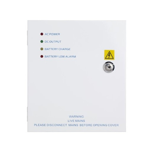 12Vdc 1 amp power supply unit in lockable hinged cabinet. LED indicators. Backup battery facility - battery not included