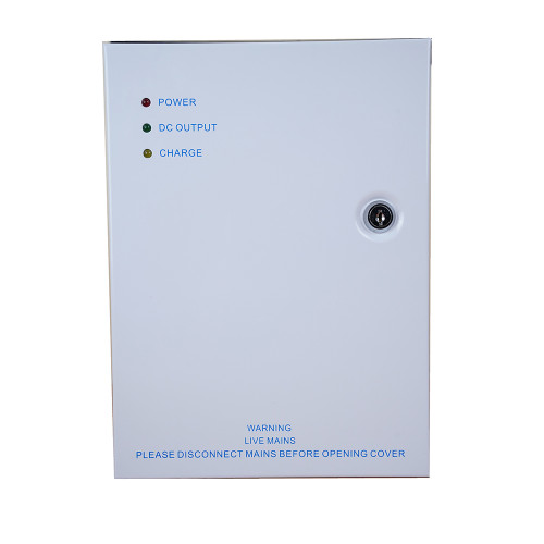 12Vdc 2 amp power supply unit in lockable hinged cabinet. LED indicators. Backup battery facility - battery not included