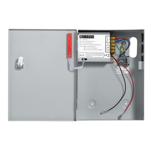 12Vdc 3 amp power supply unit in lockable hinged cabinet. LED indicators. Backup battery facility - battery not included