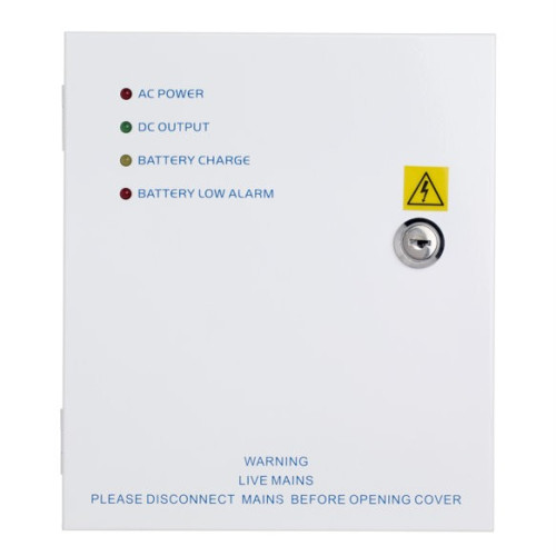 12Vdc 5 amp power supply unit in lockable hinged cabinet. LED indicators. Backup battery facility - battery not included