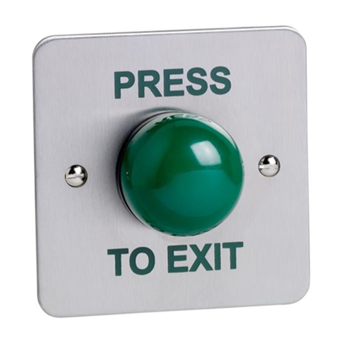 Flush mount green dome single gang exit button. Stainless steel faceplate, engraved PRESS TO EXIT