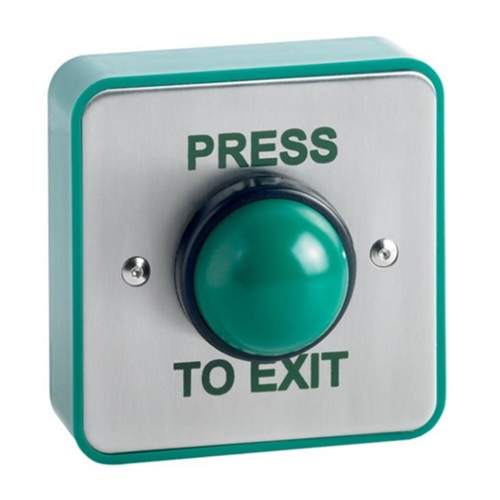 Surface green dome exit button. Stainless steel faceplate, green surface box. IP66 rated weatherproof button switch. Printed PRESS TO EXIT
