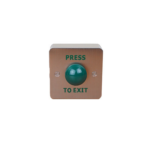 Surface mount green dome single gang exit button. Stainless steel faceplate and surface mount shroud, engraved PRESS TO EXIT