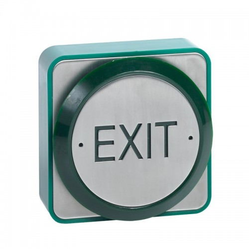 Surface mount weatherproof 85mm round green exit button. IP55 rated. Stainless steel faceplate, green surface shroud and button halo. Engraved EXIT