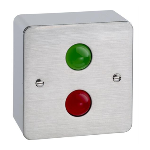 Surface mount traffic light 12Vdc. Stainless steel faceplate and surface shroud. Red and green LED indicators