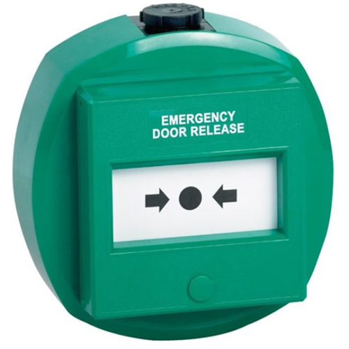Green IP67 rated weatherproof resettable double pole round break glass. Surface mount