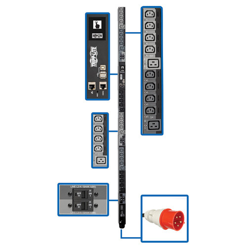 Tripp Lite PDU3XEVSR6G32B 22.2kW 3-Phase Switched PDU, LX Platform Interface, 220/230V Outlets (24 C13/6 C19), Touchscreen LCD, IEC 309 32A Red 380/400V, 0U, TAA | CMW Ltd