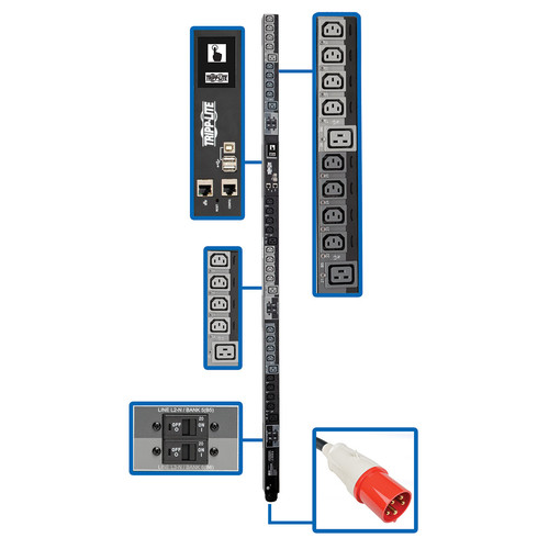 Tripp Lite PDU3XEVSR6G63B 27.7kW 3-Phase Switched PDU, LX Platform Interface, 220/230V Outlets (24 C13/6 C19), Touchscreen LCD, IEC 309 63A Red 380/400V, 0U, TAA | CMW Ltd