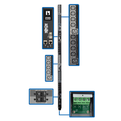 Tripp Lite PDU3XEVSRHWB 28.8kW 3-Phase Switched PDU, LX Platform Interface, 220/230/240V Outlets (24 C13/6 C19), LCD, Hardwire 380/400/415V Input, 0U, TAA | CMW Ltd