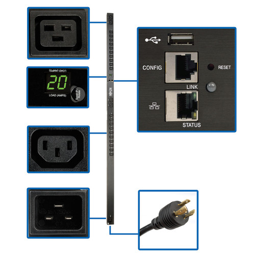 Tripp Lite PDUMNV20HVLX 3.3&acirc;3.7kW Single-Phase Monitored PDU, LX Platform Interface, 208/230V Outlets (20 C13/4 C19), C20/L6-20P, 0U 1.8m/70 in., TAA | CMW Ltd